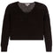 A black cropped knit cardigan with a V-neck and textured openwork pattern, shown flat on a white background.