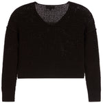 A black cropped knit sweater with a wide, open-knit v-neck and textured ribbed sleeves and hem, shown against a plain white background.
