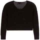 A black cropped knit sweater with a wide, open-knit v-neck and textured ribbed sleeves and hem, shown against a plain white background.