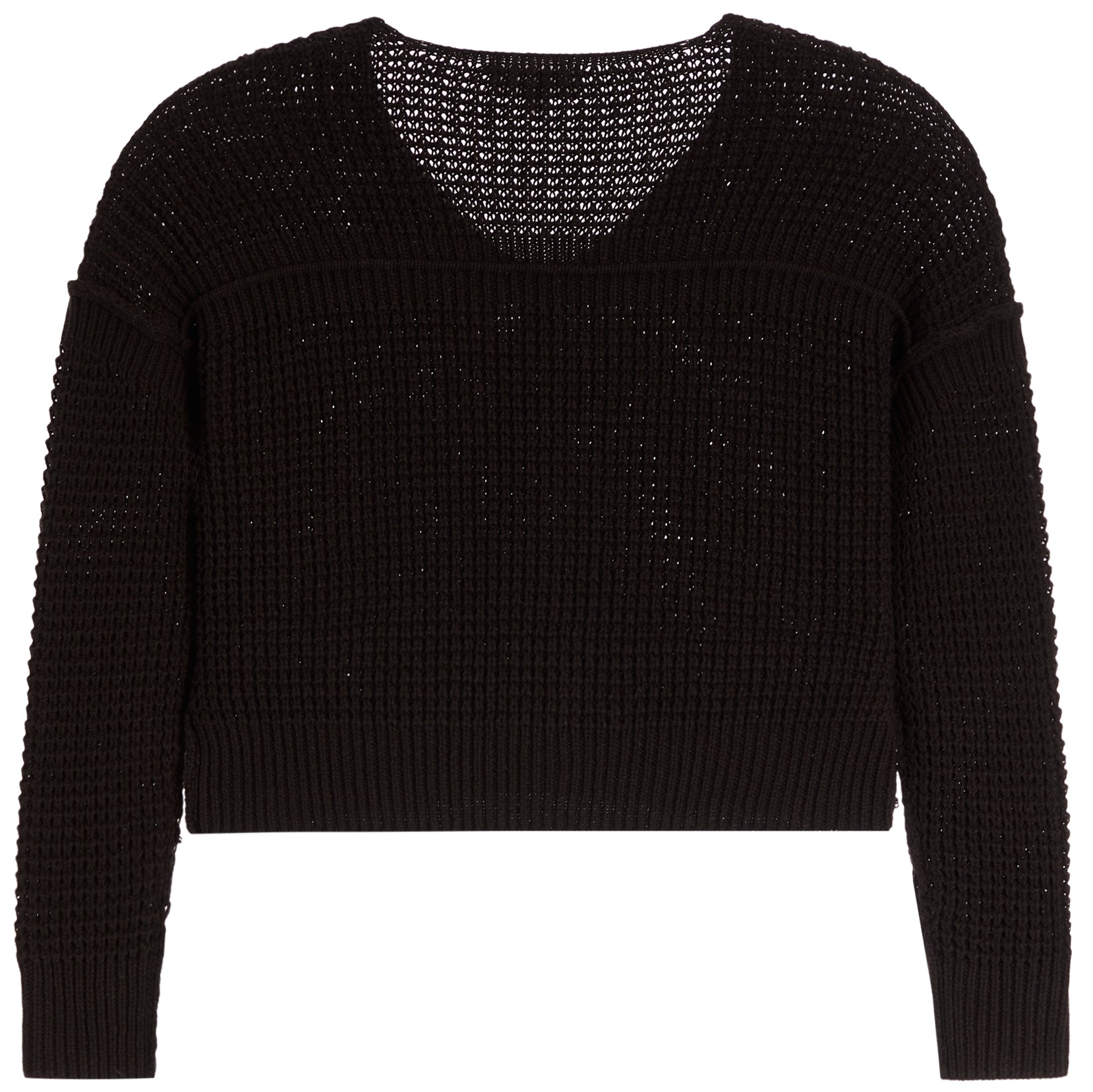 A black cropped knit sweater with a wide, open-knit v-neck and textured ribbed sleeves and hem, shown against a plain white background.