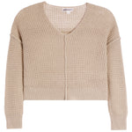 A cropped, long-sleeve knit cardigan in a light beige color, featuring a textured open-knit pattern and ribbed trim, shown against a plain white background.
