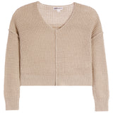 A cropped, long-sleeve knit cardigan in a light beige color, featuring a textured open-knit pattern and ribbed trim, shown against a plain white background.