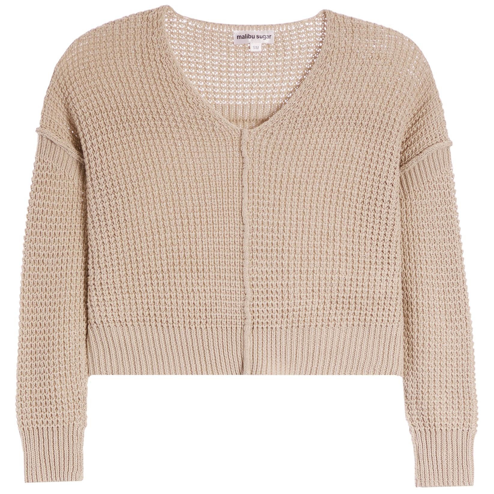 A cropped, long-sleeve knit cardigan in a light beige color, featuring a textured open-knit pattern and ribbed trim, shown against a plain white background.