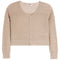 A cropped, long-sleeve knit cardigan in a light beige color, featuring a textured open-knit pattern and ribbed trim, shown against a plain white background.