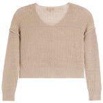 A cropped, long-sleeve knit sweater in a light beige or sand color, featuring a textured open-knit pattern and ribbed trim, shown against a plain white background.