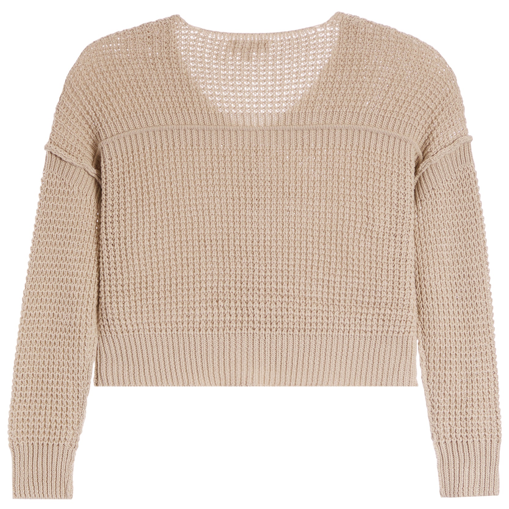 A cropped, long-sleeve knit sweater in a light beige or sand color, featuring a textured open-knit pattern and ribbed trim, shown against a plain white background.