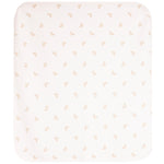 A rectangular blanket with rounded corners, featuring a white background with a delicate, repeating pattern of tiny beige teddy bear faces.