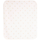 A rectangular blanket with rounded corners, featuring a white background with a delicate, repeating pattern of tiny beige teddy bear faces.