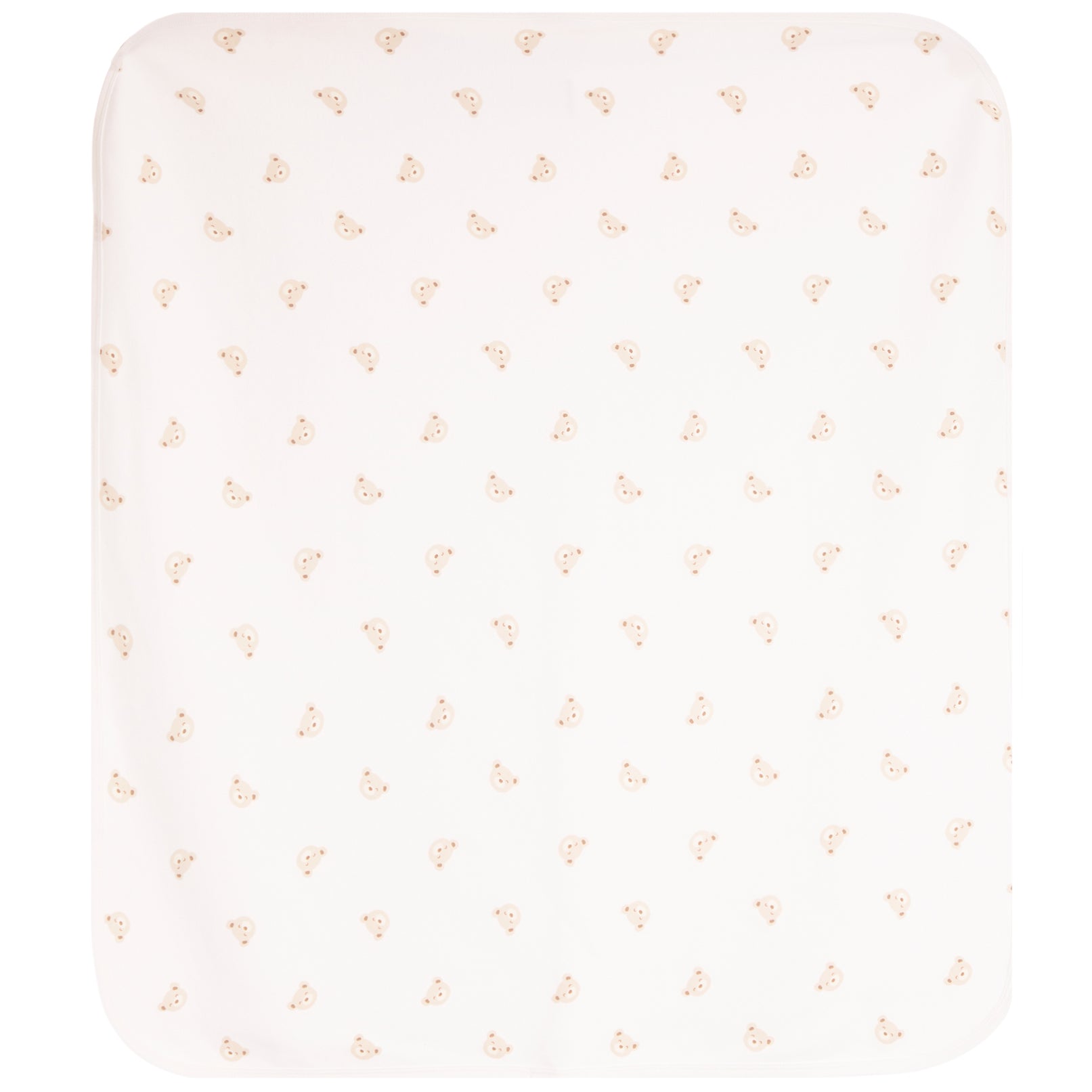 A rectangular blanket with rounded corners, featuring a white background with a delicate, repeating pattern of tiny beige teddy bear faces.