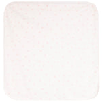 A square baby blanket with rounded corners, featuring a very fine, delicate pattern of tiny pink bows and dots on a soft off-white background.