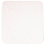 A square baby blanket with rounded corners, featuring a very fine, delicate pattern of tiny pink bows and dots on a soft off-white background.