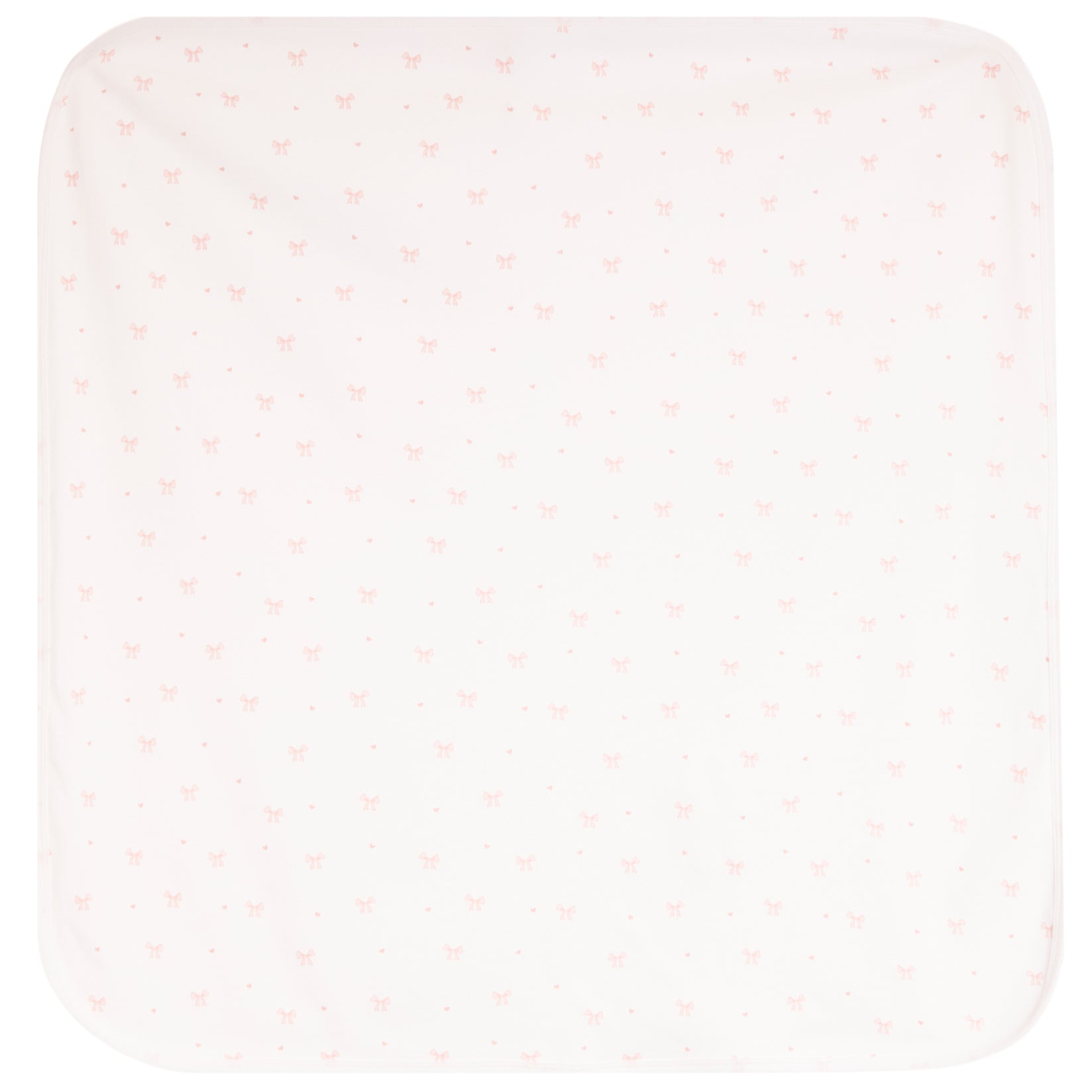 A square baby blanket with rounded corners, featuring a very fine, delicate pattern of tiny pink bows and dots on a soft off-white background.
