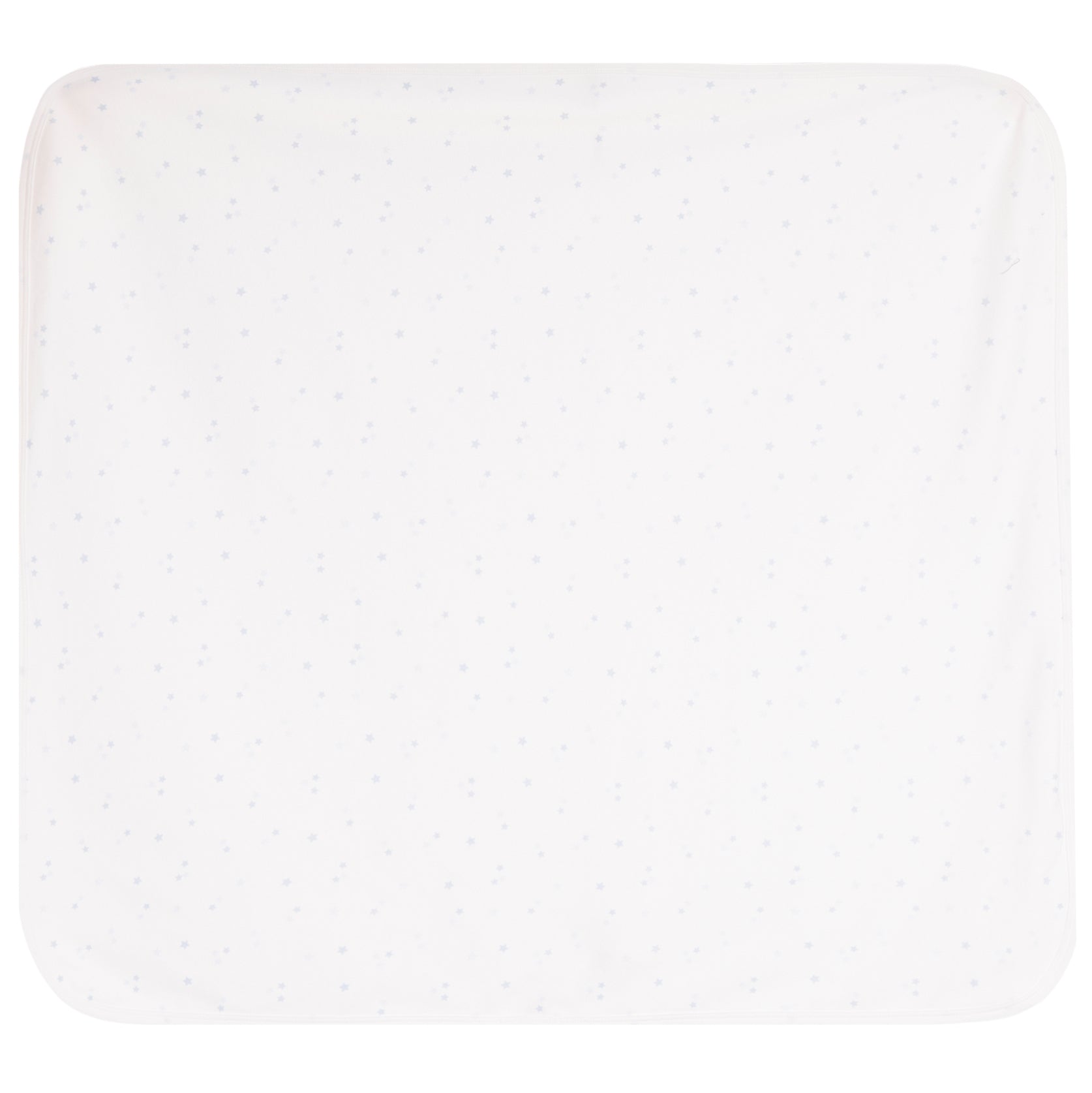 A square blantke, featuring a very subtle all-over light blue star pattern and rounded corners.