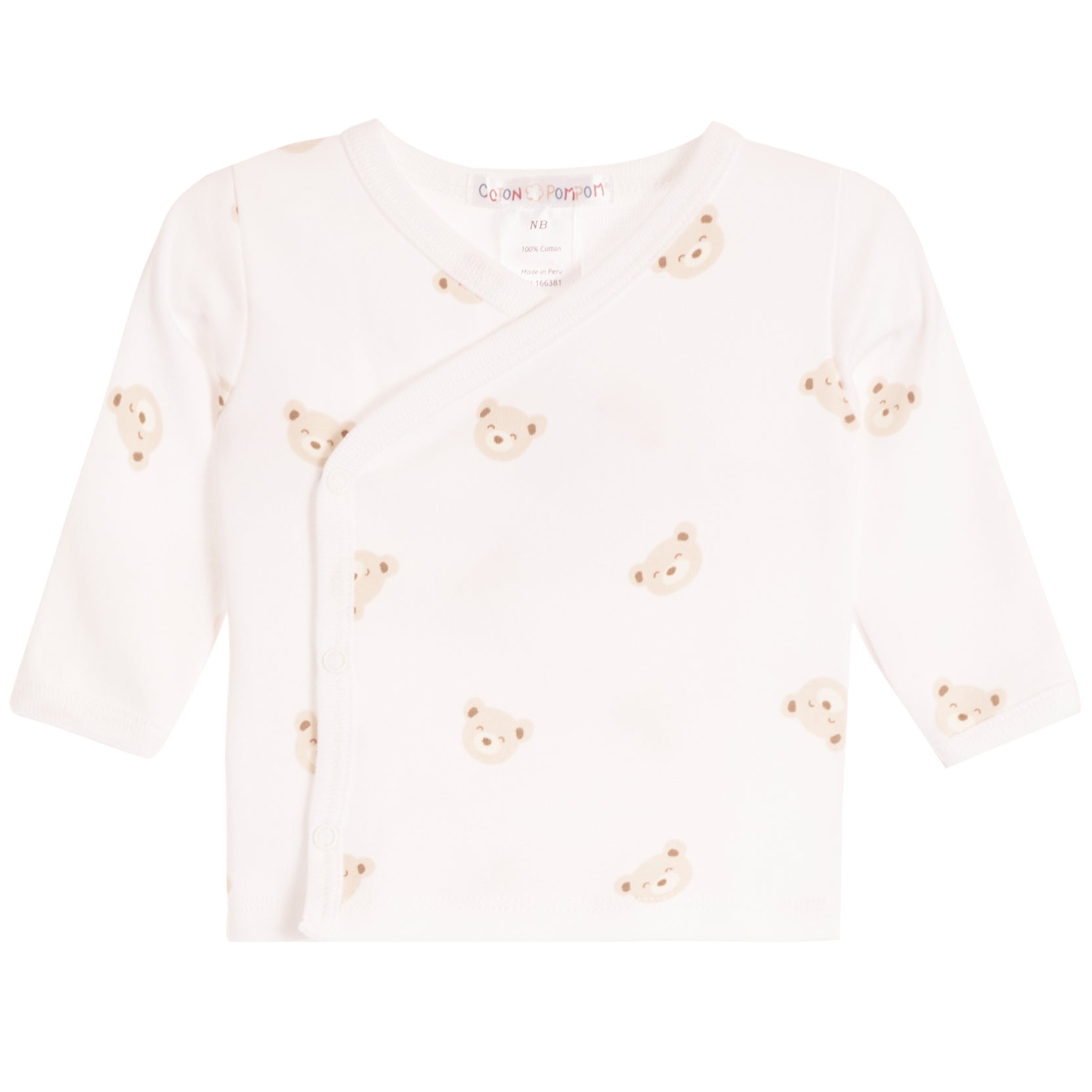 A baby long-sleeve wrap top in off-white, decorated with a pattern of small beige teddy bear faces. The top features an asymmetrical snap closure and is displayed flat against a solid white background.