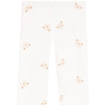 White leggings with a repeating pattern of small teddy bear faces in light beige and pink, shown flat against a white background.
