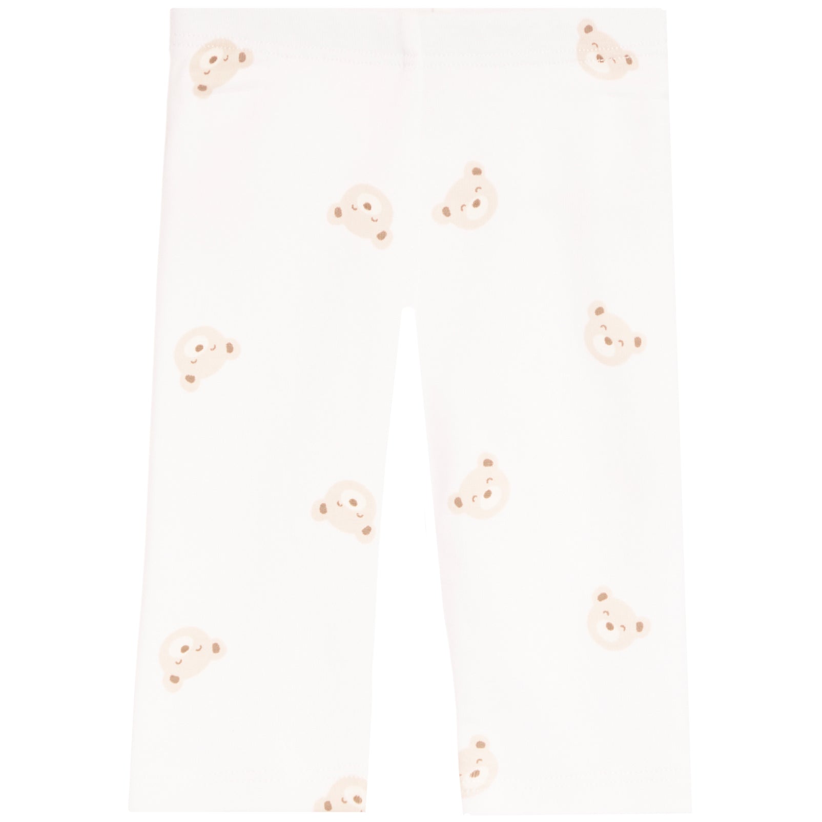 White leggings with a repeating pattern of small teddy bear faces in light beige and pink, shown flat against a white background.
