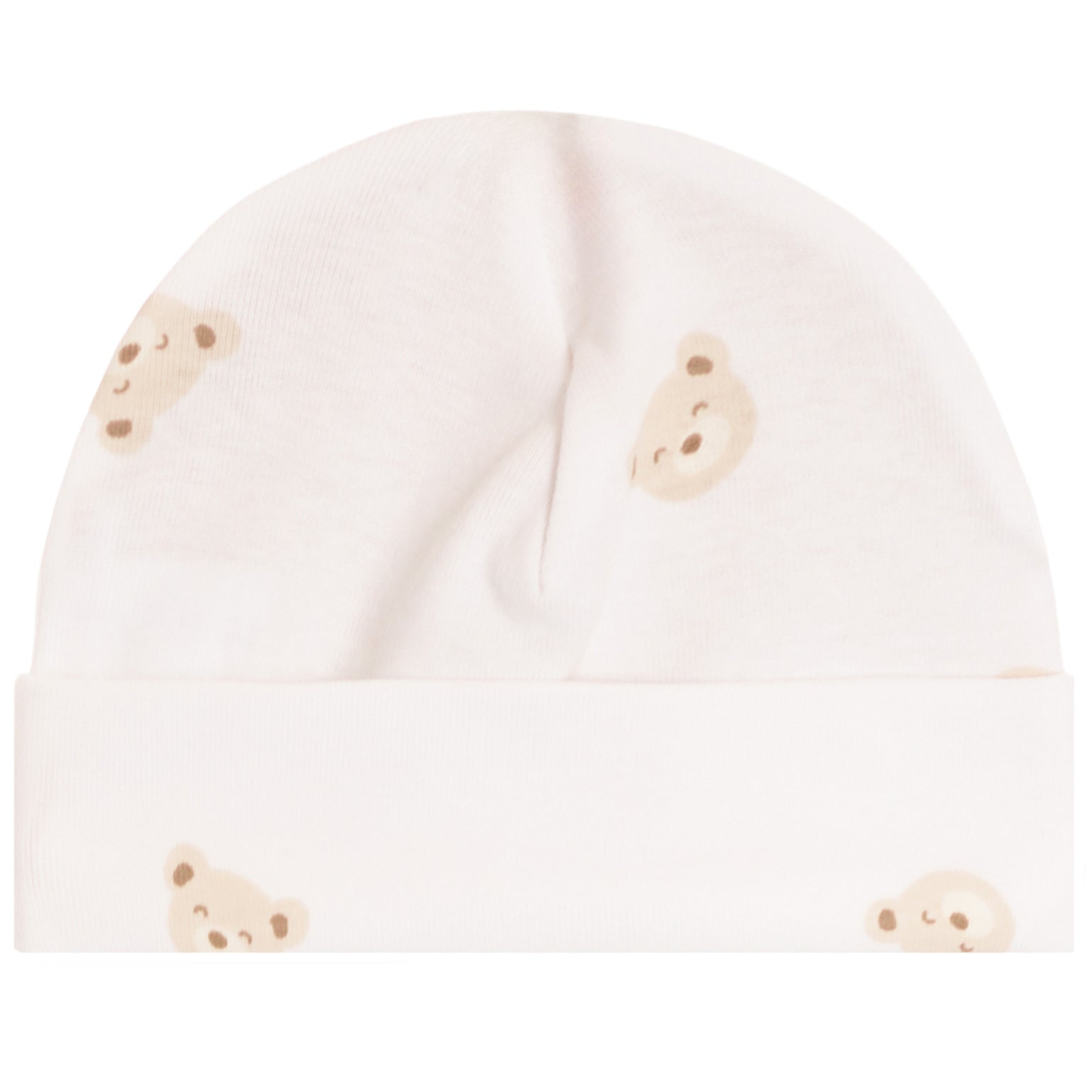A soft cream-colored baby beanie hat featuring a repeating pattern of small teddy bear faces in beige and light brown, shown against a plain white background.