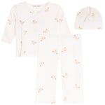 A three-piece baby clothing set including a long-sleeve wrap-style top, matching pants, and a beanie hat, all in a warm off-white color with a small teddy bear face print.