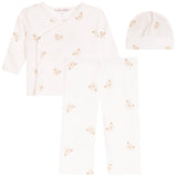 A three-piece baby clothing set including a long-sleeve wrap-style top, matching pants, and a beanie hat, all in a warm off-white color with a small teddy bear face print.