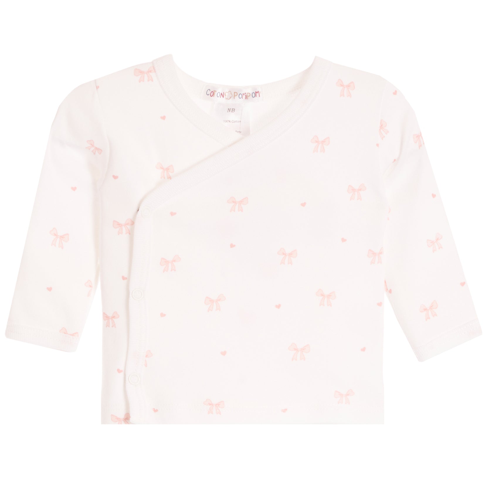 A baby long-sleeve wrap top in off-white with a delicate pink bow and heart pattern, shown flat against a white background.