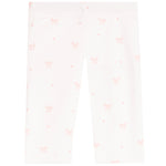 White pants with a repeating pattern of small pink bows and hearts, shown flat against a white background.