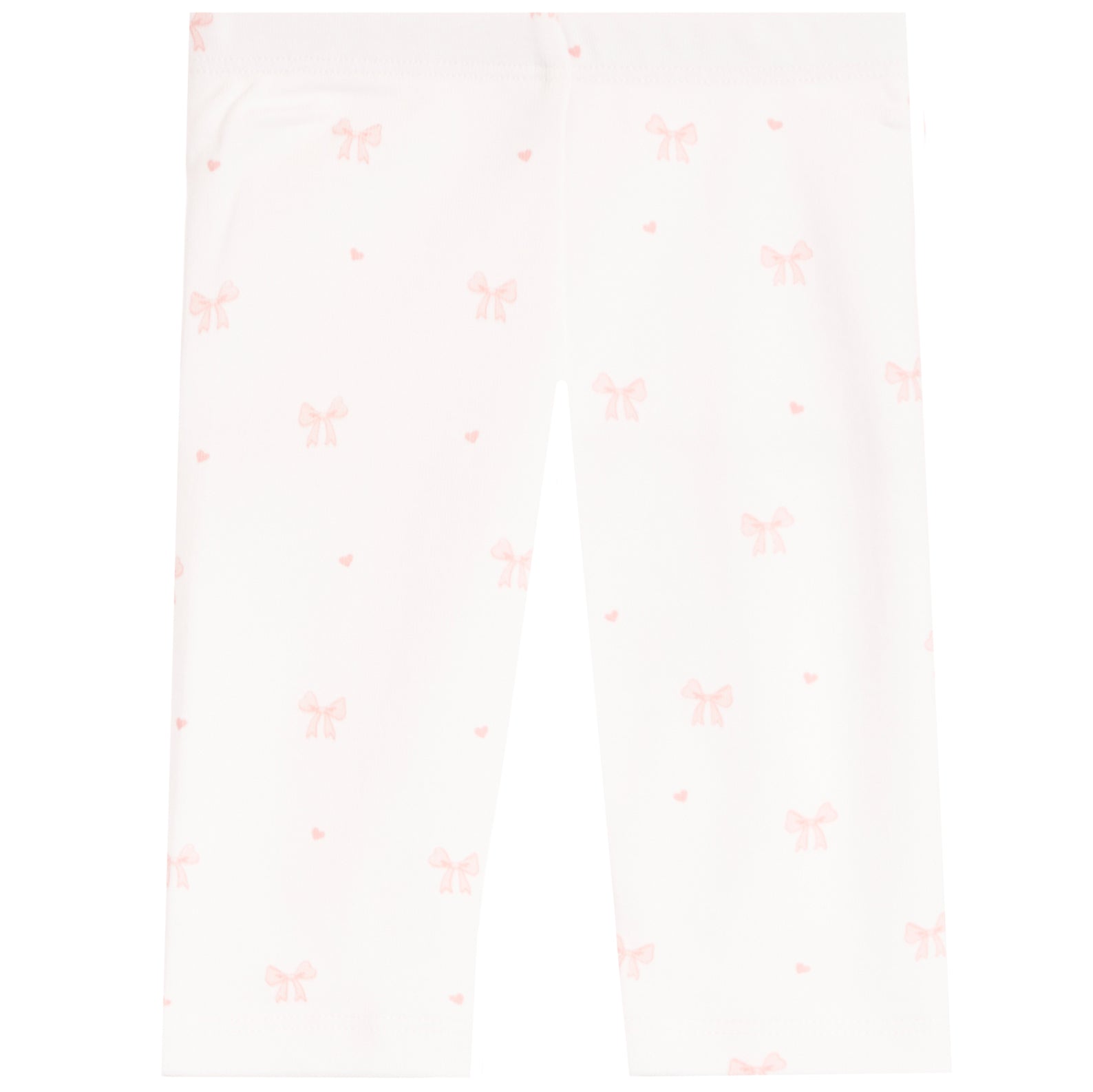 White pants with a repeating pattern of small pink bows and hearts, shown flat against a white background.