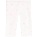 White pants with a repeating pattern of small pink bows and hearts, shown flat against a white background.