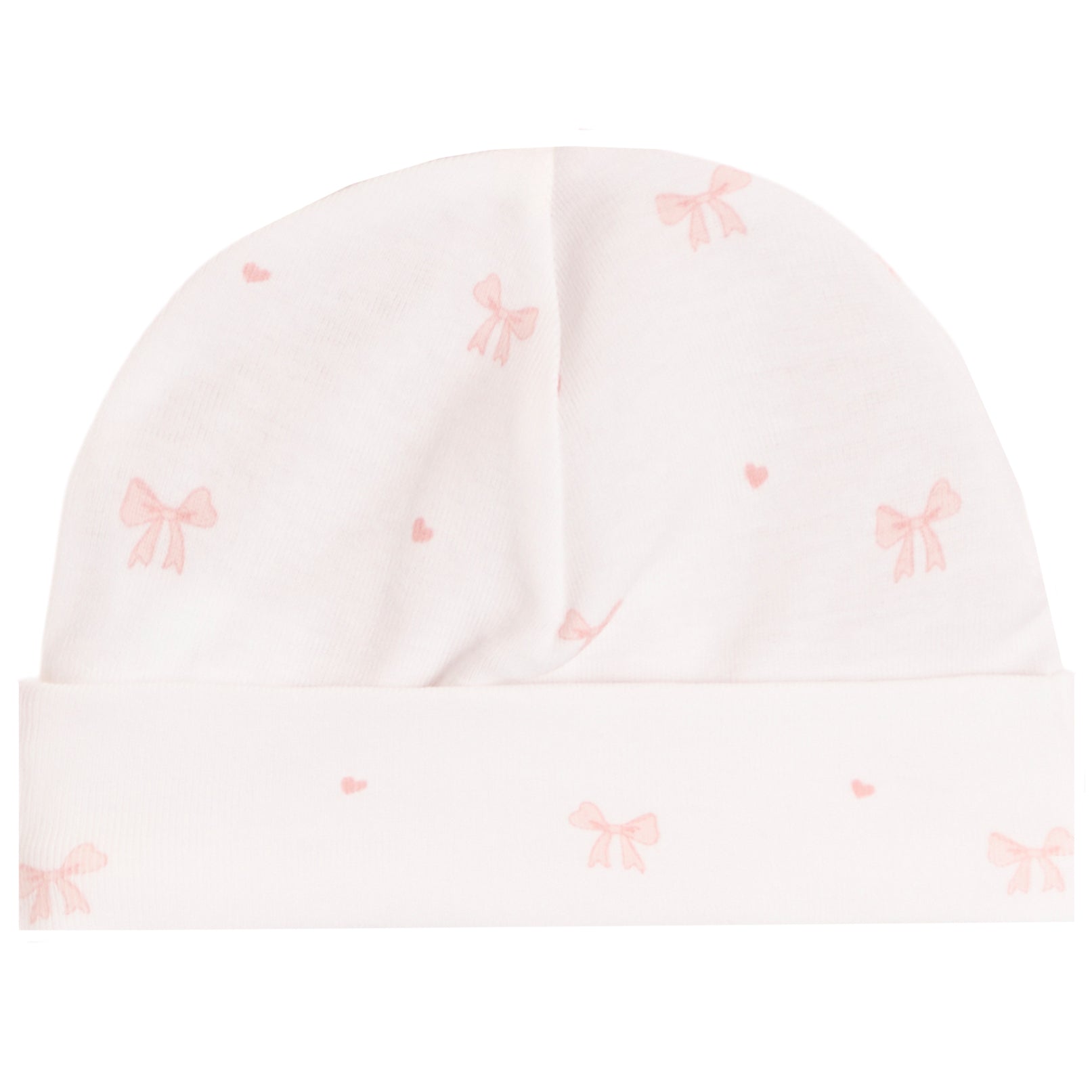 A white knit baby beanie hat with a soft pink bow and heart pattern, shown flat against a white background.