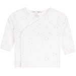 A white long-sleeve baby wrap shirt with a subtle light blue star pattern, shown flat against a white background.
