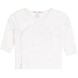 A white long-sleeve baby wrap shirt with a subtle light blue star pattern, shown flat against a white background.