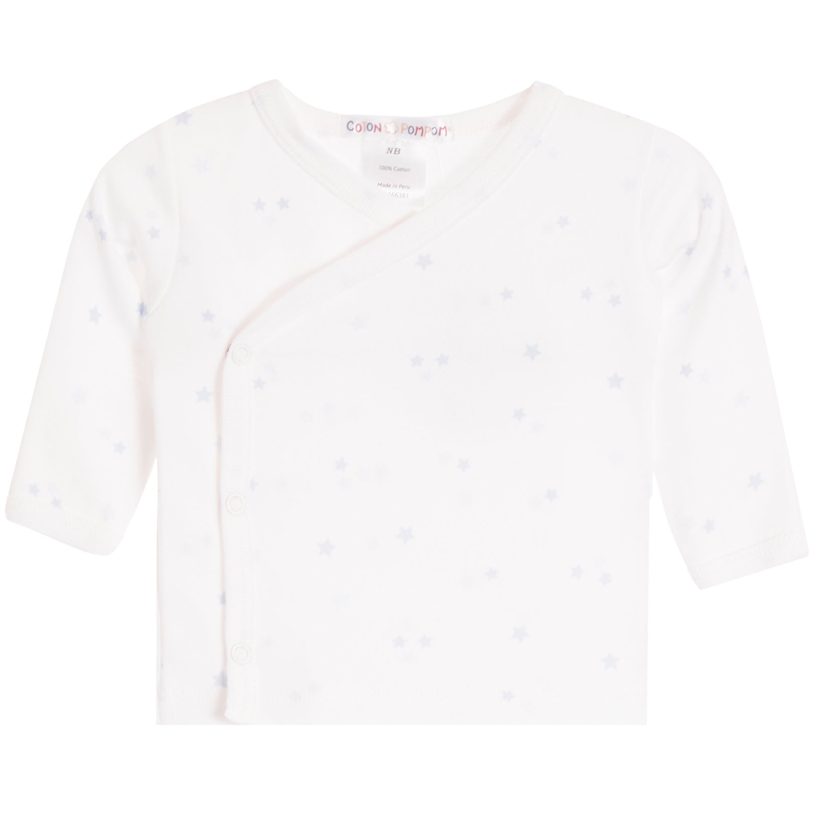 A white long-sleeve baby wrap shirt with a subtle light blue star pattern, shown flat against a white background.
