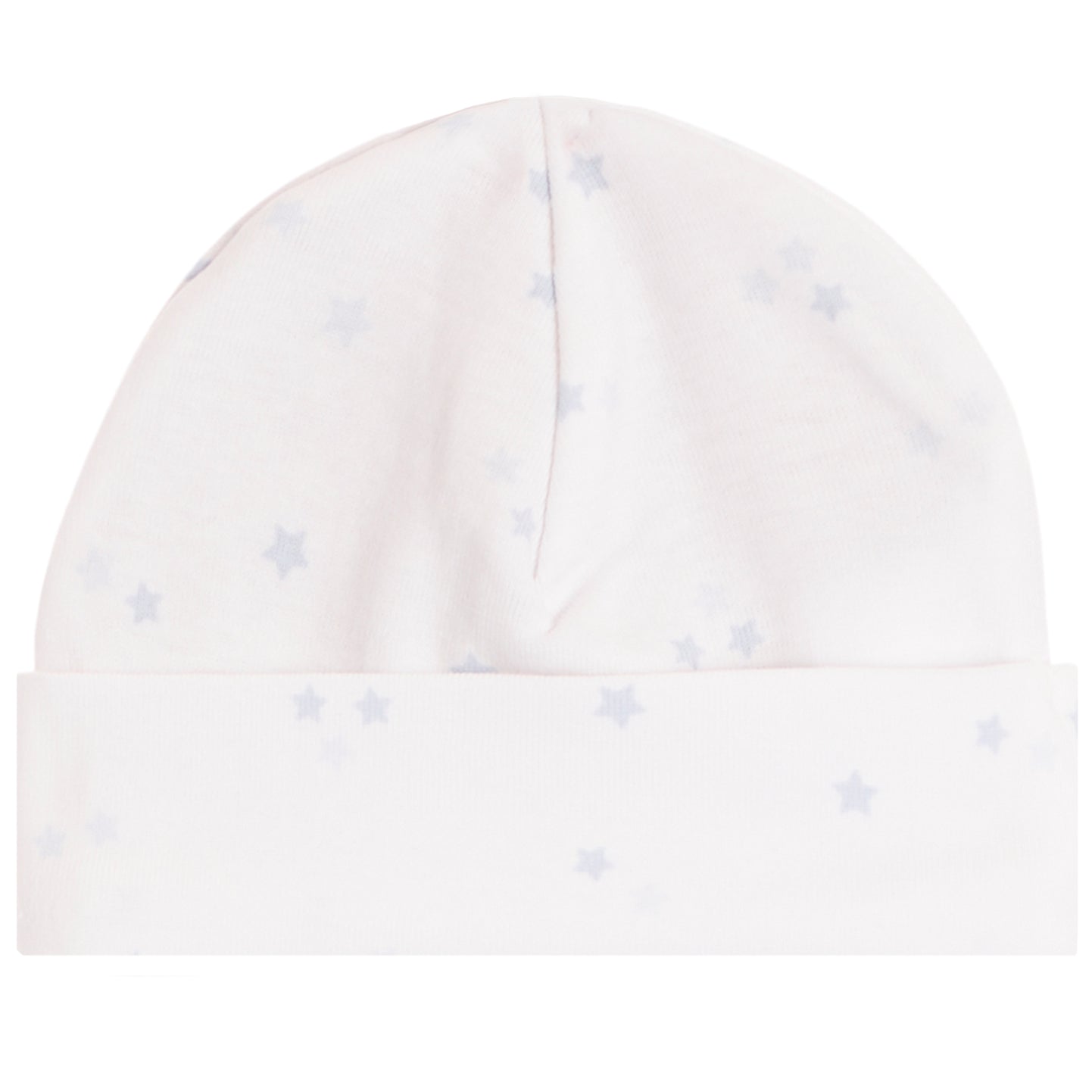 A soft knit baby beanie hat in white, featuring a subtle all-over print of small light blue-gray stars.