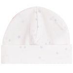 A soft knit baby beanie hat in white, featuring a subtle all-over print of small light blue-gray stars.