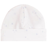 A soft knit baby beanie hat in white, featuring a subtle all-over print of small light blue-gray stars.