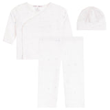 A three-piece baby clothing set including a long-sleeve wrap shirt, pants, and a beanie hat, all in white with a subtle light blue star pattern, displayed on a solid white background.