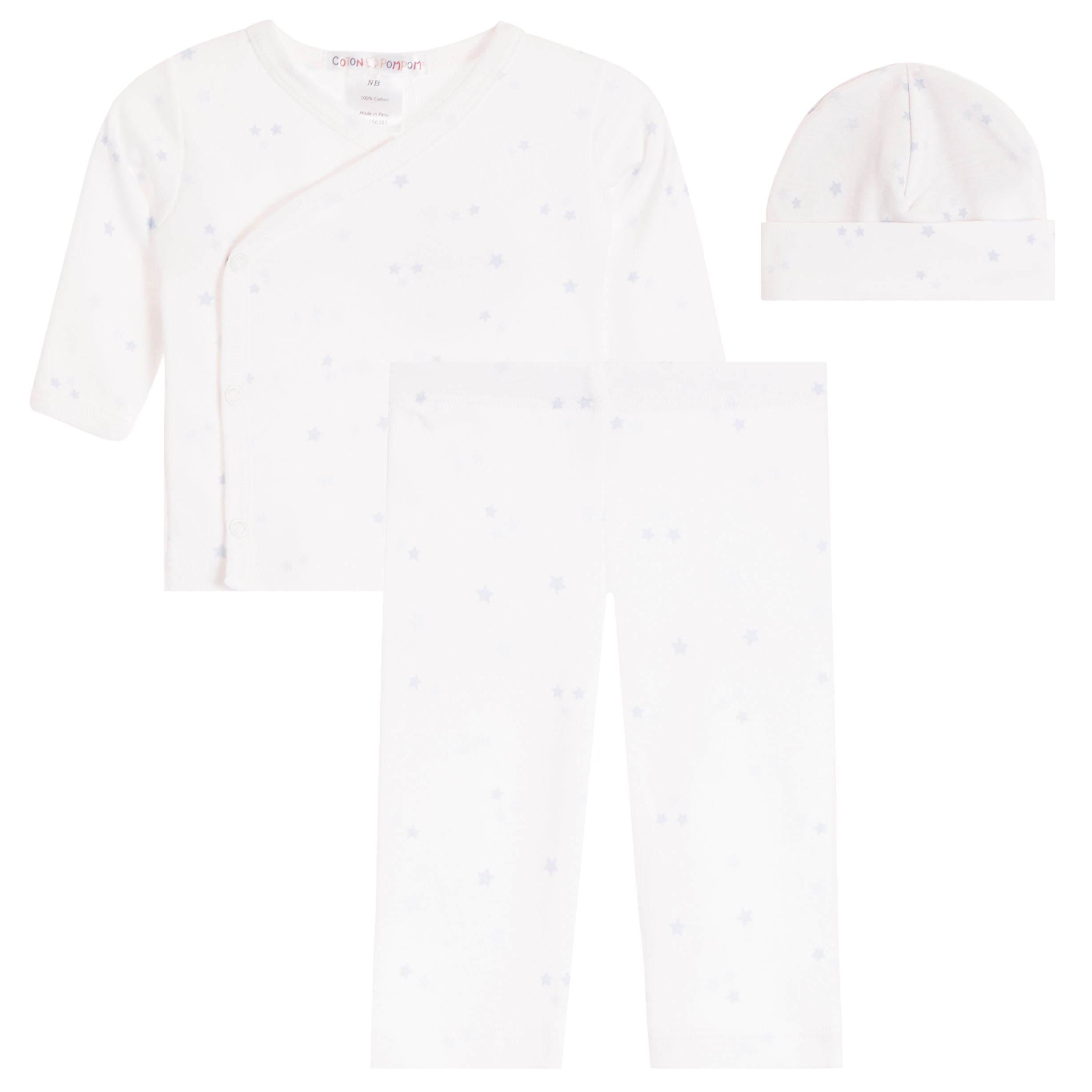 A three-piece baby clothing set including a long-sleeve wrap shirt, pants, and a beanie hat, all in white with a subtle light blue star pattern, displayed on a solid white background.