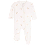 A baby long-sleeve footed sleeper in off-white with a repeating pattern of small teddy bear faces, shown against a plain white background.