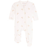 A baby long-sleeve footed sleeper in off-white with a repeating pattern of small teddy bear faces, shown against a plain white background.