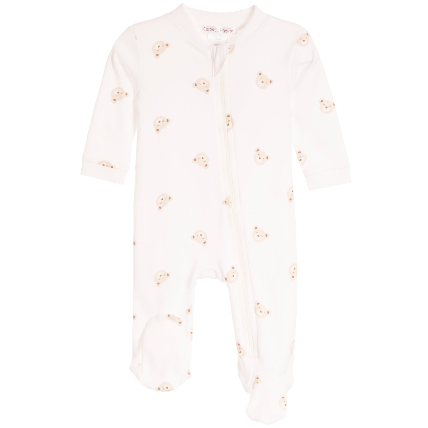 A baby long-sleeve footed sleeper in off-white with a repeating pattern of small teddy bear faces, shown against a plain white background.