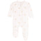 A baby long-sleeve footed sleeper in off-white with a repeating pattern of small teddy bear faces, shown against a plain white background.