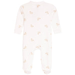 A long-sleeve baby footed sleeper in off-white, featuring a delicate all-over print of small teddy bear faces.