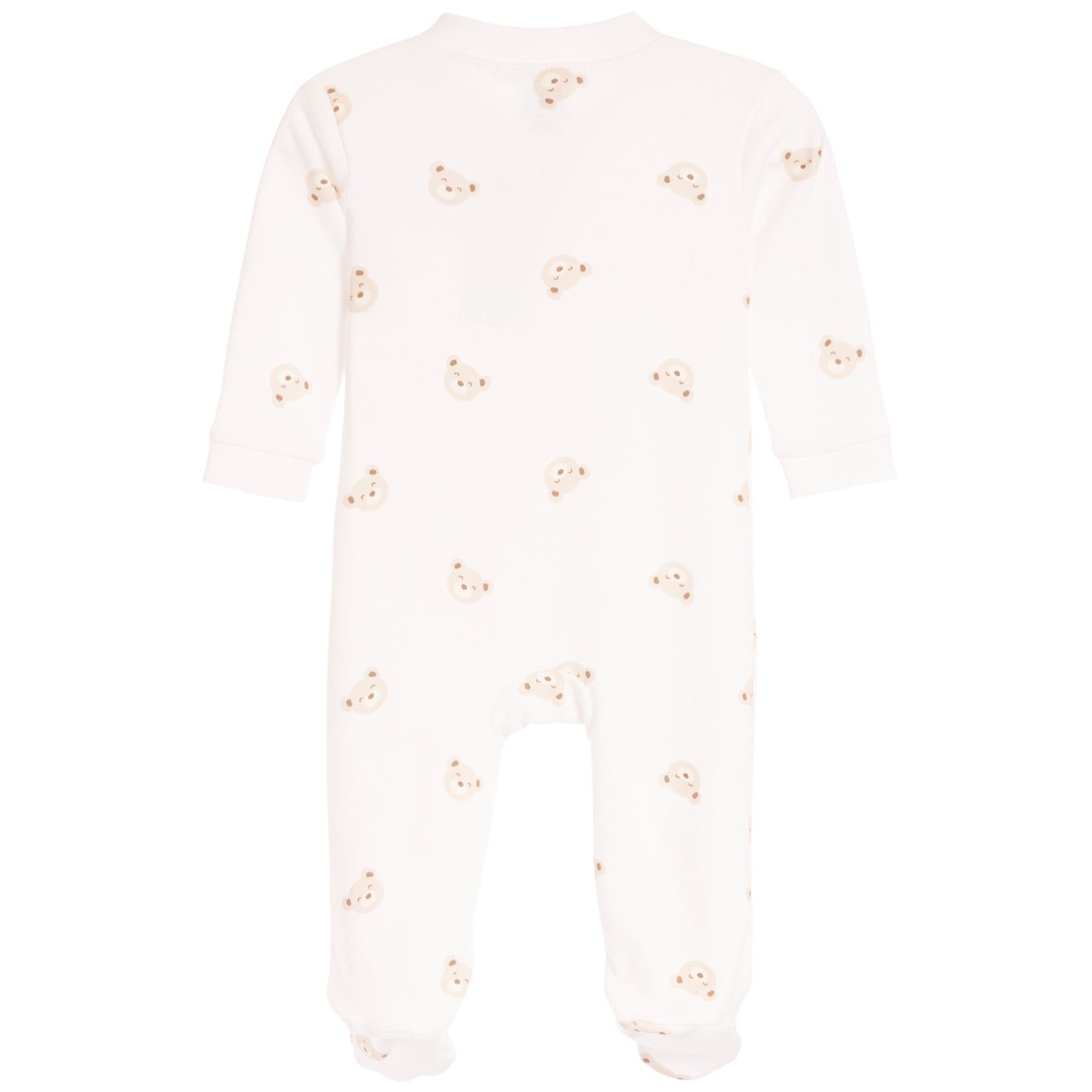 A long-sleeve baby footed sleeper in off-white, featuring a delicate all-over print of small teddy bear faces.