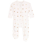 A baby footed sleeper in off-white with a pattern of small gold and gray cars and stars, shown against a plain white background.