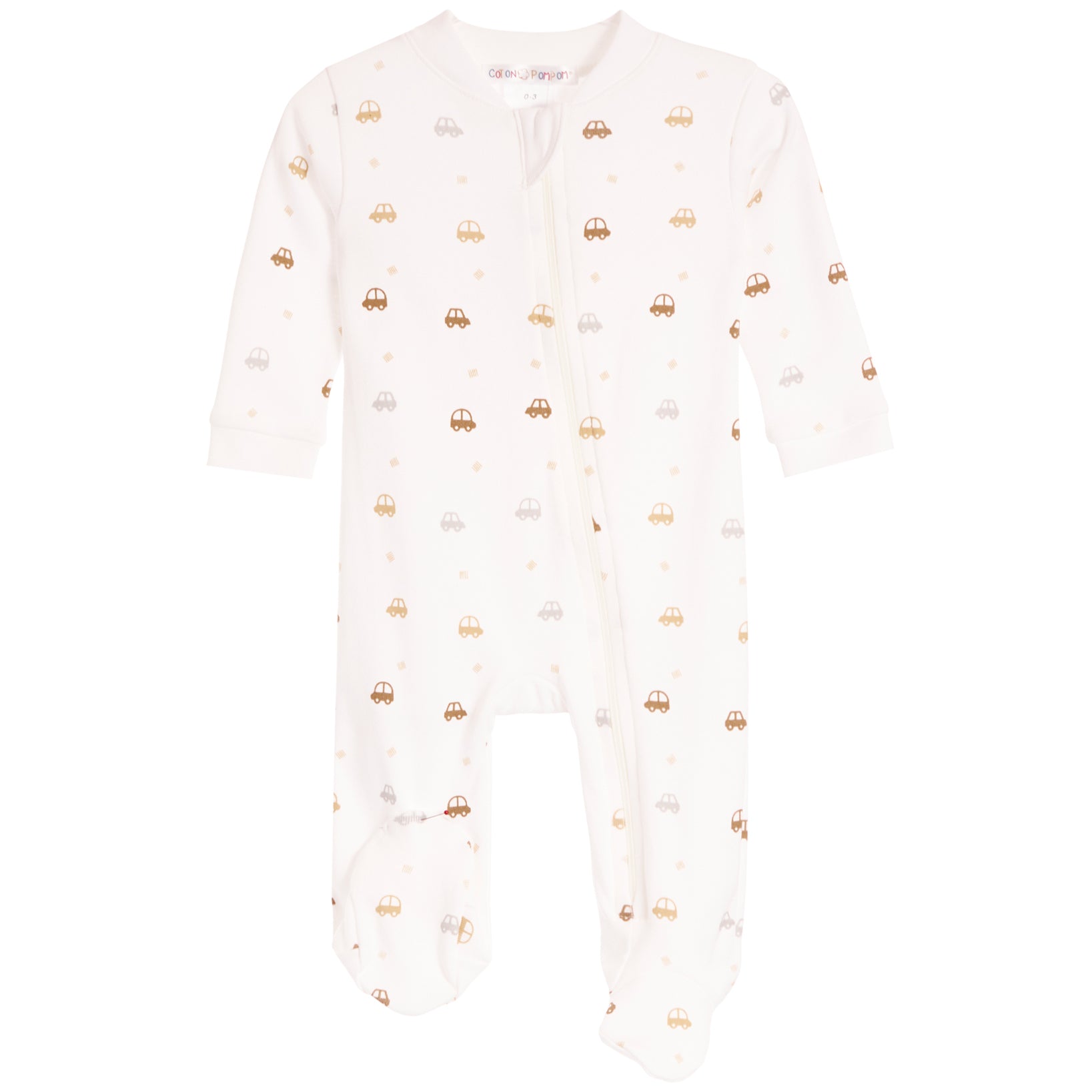 A baby footed sleeper in off-white with a pattern of small gold and gray cars and stars, shown against a plain white background.