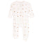 A baby footed sleeper in off-white with a pattern of small gold and gray cars and stars, shown against a plain white background.
