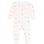 A baby footed sleeper in off-white with a repeating pattern of small gold and gray cars and stars, shown against a plain white background.