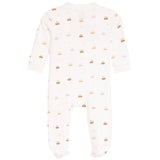 A baby footed sleeper in off-white with a repeating pattern of small gold and gray cars and stars, shown against a plain white background.