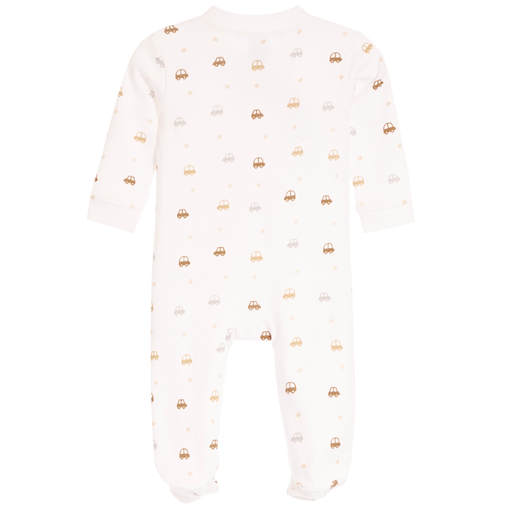 A baby footed sleeper in off-white with a repeating pattern of small gold and gray cars and stars, shown against a plain white background.