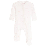 A baby long-sleeve footed sleeper in white with a delicate pink bow and heart pattern, shown flat on a white background.