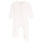 A baby long-sleeve footed sleeper in white with a delicate pink bow and heart pattern, shown flat on a white background.